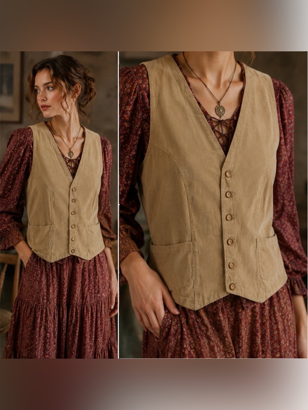 Vintage Handmade Tan Corduroy Button Front Vest Cottagecore Prairie Boho L
